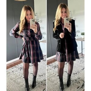 Free Assembly‎ Womens XXL Plaid Button Shirt Dress Christmas Long Sleeve Smocked